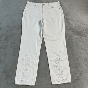 NWT American Eagle Mom Jeans White Eyelet Floral Embroidered 14 Long Womens
